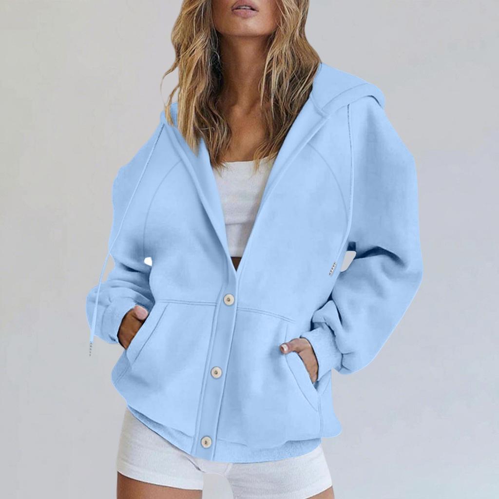 Women's Fashionable Loose Casual Cardigan Button Drawstring Hooded Sweatshirt