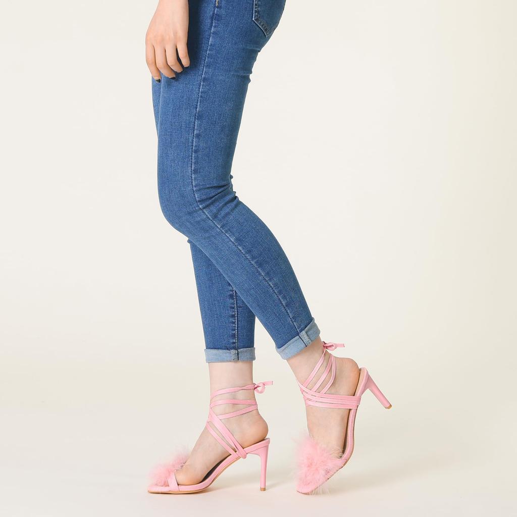 Allegra K Women's Faux Fur Slingback Block Heel Lace-Up Sandals, Pink, Size 23.0cm