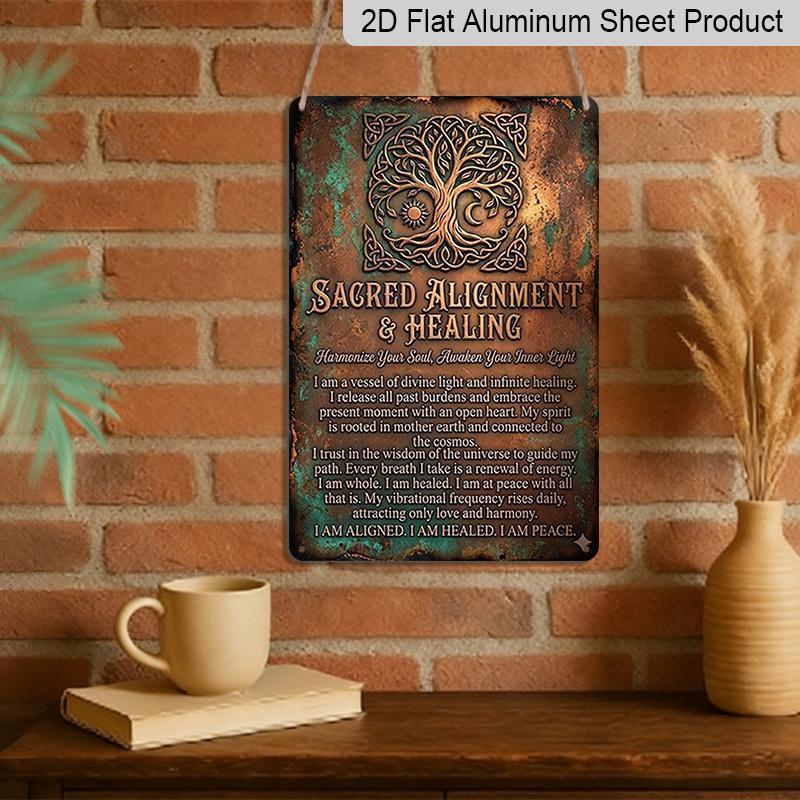 2D Flach, Vintage 7,87*11,8 Quadratische Aluminium-Wandplakette Heiliger Baum Totem mit Heiltext, Ideal für Haus- und Bürodekoration, Wohnzimmer, Café