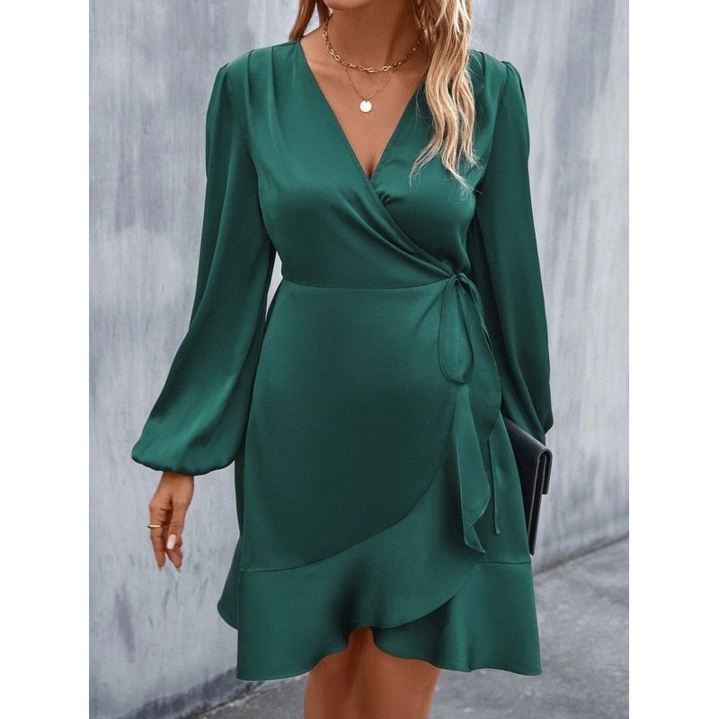 Summer Satin Dress European and American Women Summer V-neck Satin Dress Satin Waist Hugging Low Cut Midi dress
