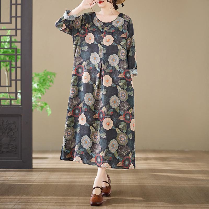 Spring 2026 New Style Plus Size Printed Long-Sleeved Dress with Round Neck