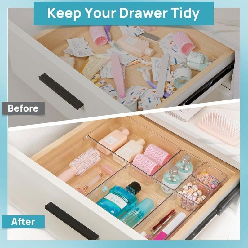 9pcs Drawer Storage Box Clear Organization Makeup Drawer Storage Transparent for Beauty Supplies and Brushes