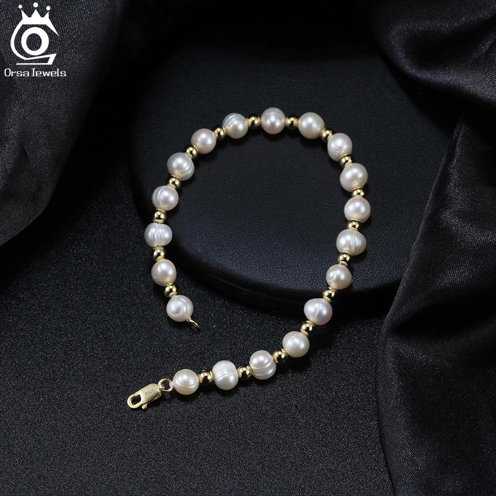 ORSA JEWELS 18K Gold Ball Bead Pearl Chain Bracelet for Men Women 6-7mm Cultured Freashwater Pearl Bracelet Party Jewelry NMB03