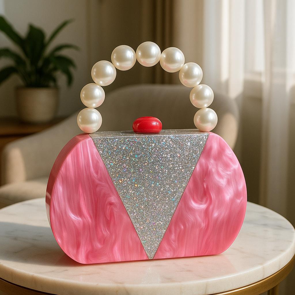 

Bag Splicing Pearl Handbag Wedding Party Acrylic Dinner Bag Portable Messenger Women S Bag рожевий