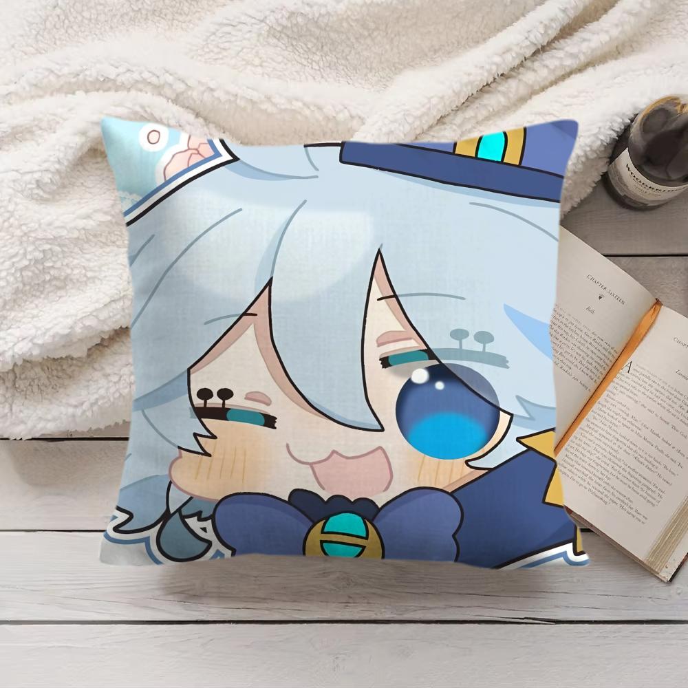 Furina Cute Genshin Impact Cushion Cover Silky Short Plush Invisible Zipper Dustproof Sofa Pillow Case For Home Decor