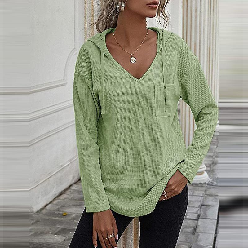 Dámské mikiny s kapucí do V s dlouhým rukávem Pulovr se stahovací šňůrkou Topy s kapsou