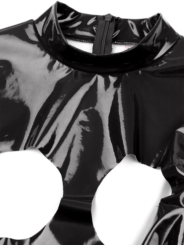 Womens Patent Leather Catsuit Hollow Out Design Mock Neck Long Sleeve Zipper Back Clubwear