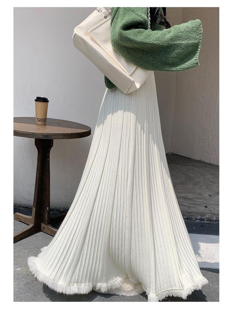 Autumn & Winter Women's Knit Pleated Midi Skirt: Slimming, A-Line, Tassel, Hip-Covering, Big Swing Design