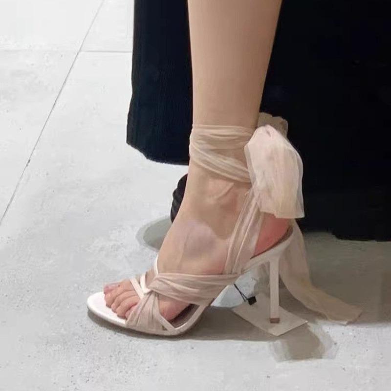 Fashion Summer New Mesh Cross Strap One Line Buckle Roman Sandals Women's Fine Heels Open Toe Temperament High Heels