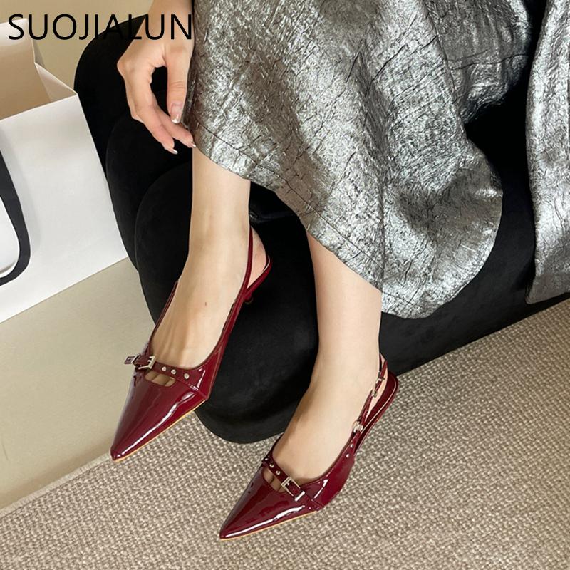 Fashion SUOJIALUN New Brand Women Sandal Shoes Fashion Pointed Toe Shallow Ladies Elegant Slingback Shoes Shallow Dress Pumps Shoes