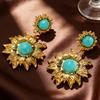 Ethnic Style Vintage Sunflower Pendant Earrings for Women Bohemian Stone Setting Dangling Earrings Party Birthday Zircon Gifts