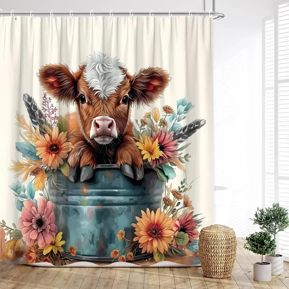 Cow Shower Curtain, Farm Animals Watercolor Spring Cartoon Rustic Plank Flower Butterfly Barrel Sunflower Cowboy Bathroom Decor