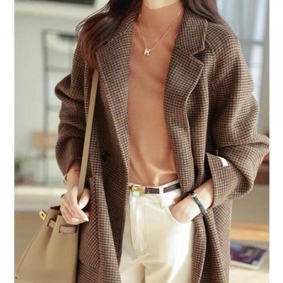 Autumn Winter Loose Plaid Tweed Wool Coat Single Breasted Notched Women Blazers Long Sleeve Jackets