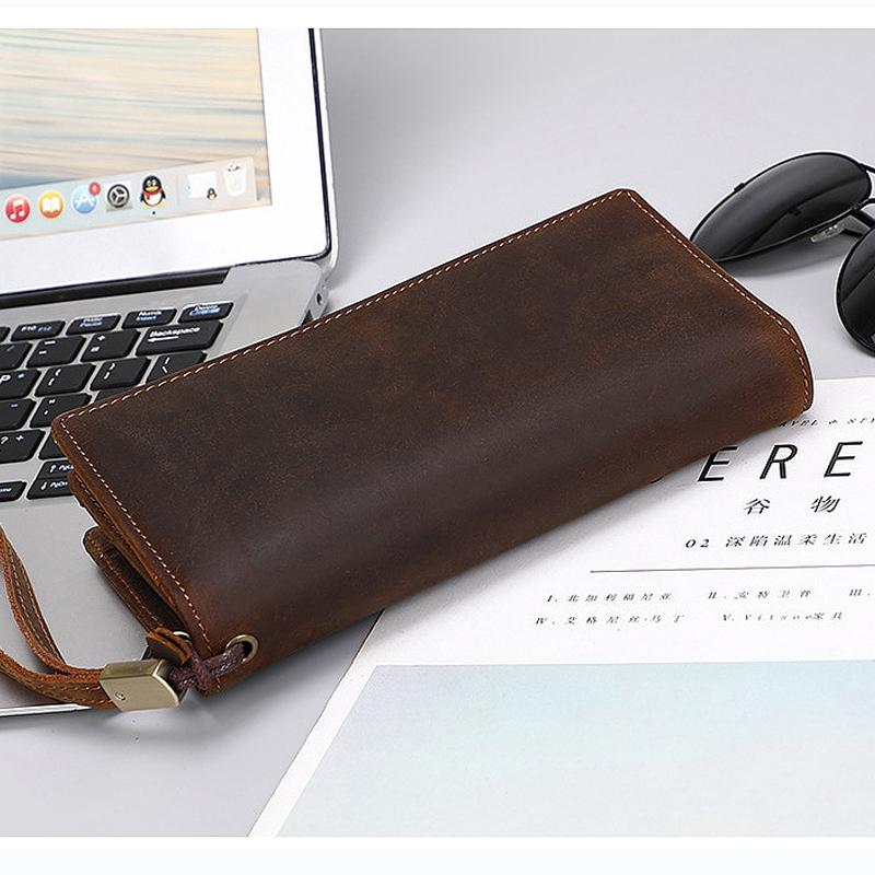 Men's Vintage Designer Long Clutch Wallet 100% Genuine Cowhide Leather Card Holder Classic Retro Genuine Leather Purse with Multi Card Slots