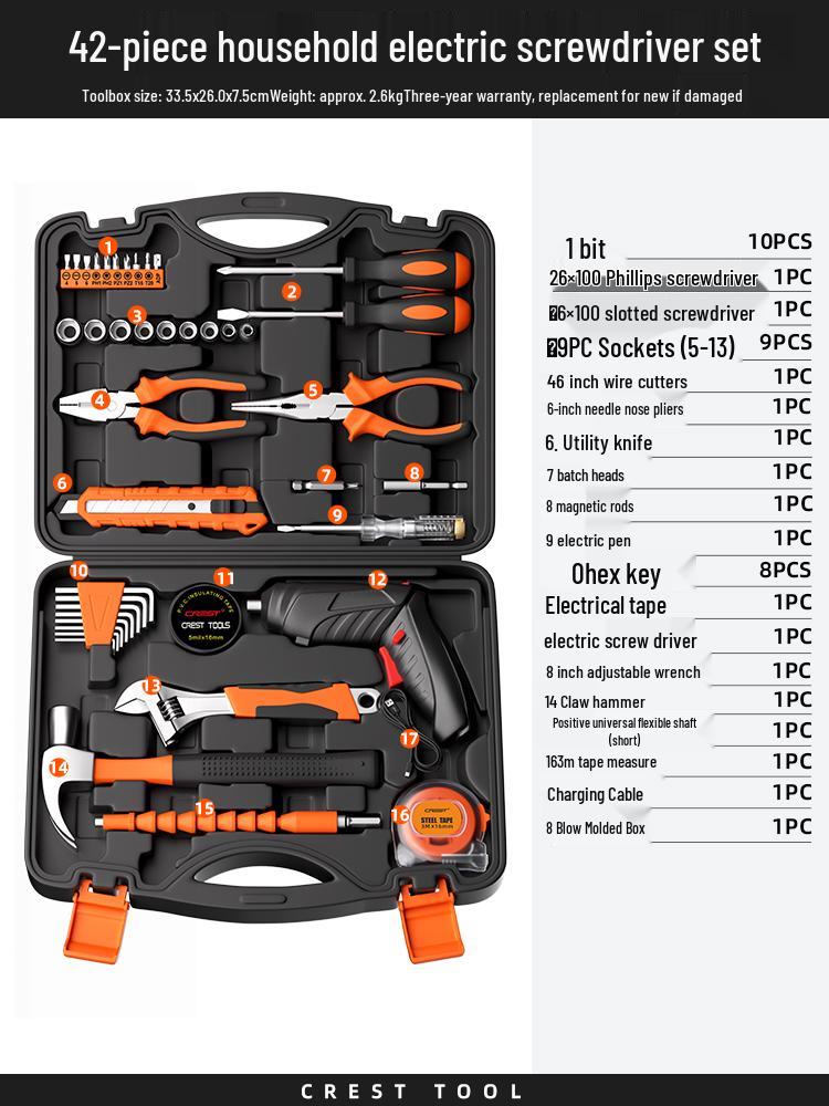 Household Repair Tool Set - Includes Pliers, Hammer, Wrench, and Combination Box