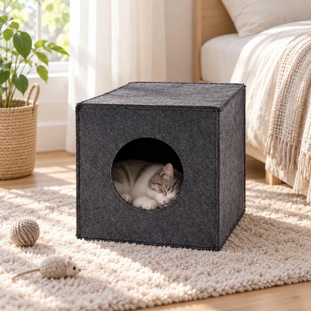 Foldable Feline Cube with Front Entrance Cozy Felt Cat House Pet Furnishings for