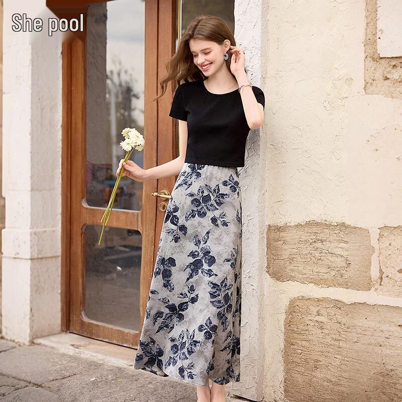 Women s New Chinese Style Lace T-shirt & Ink Print Skirt Set L