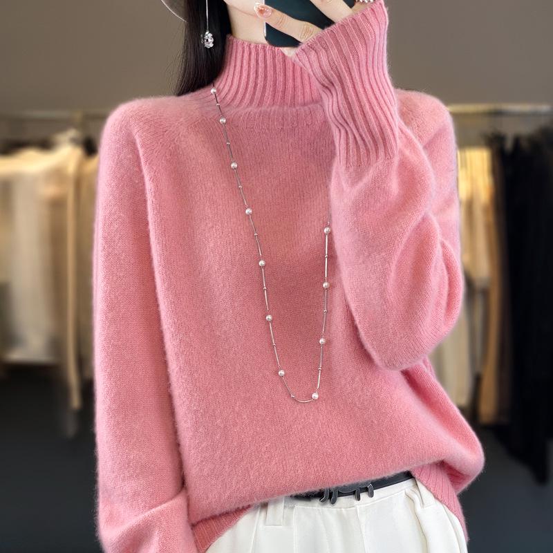 Women's High Neck 100% Wool Sweater - Loose Knit, Thick, Versatile, Cozy Base Layer for Autumn & Winter