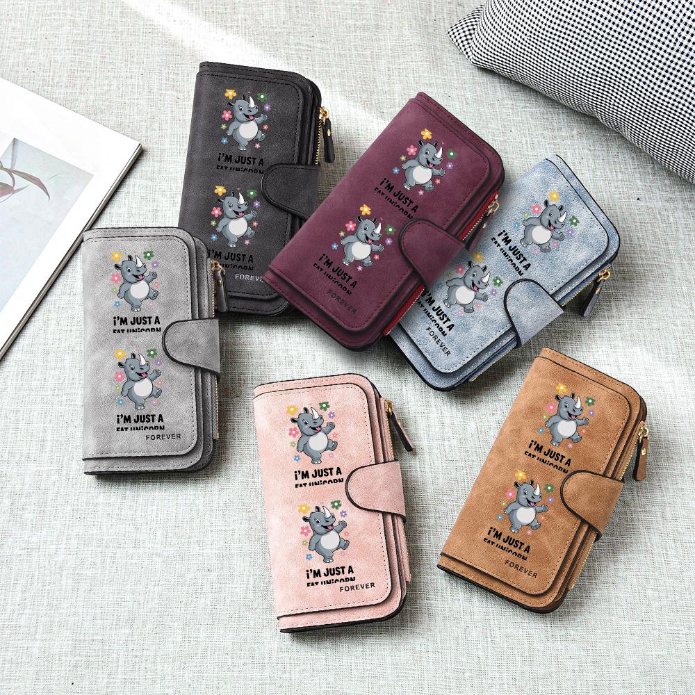 Cute Rhino Print Wallet for Women Fashion Faux Leather Multi Card Holders Purse