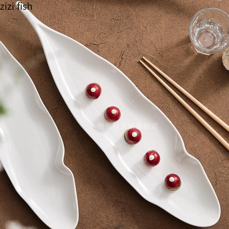 Leaf Shaped Ceramic Dining Plate White Long Fish Plates Sushi Plate Dim Sum Dish Fruit Plates Snack Bowl Sting Disc Cake Tray