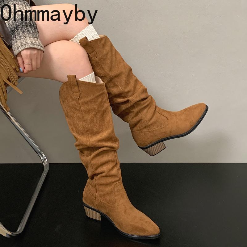 Winter Kuschelig Weiches Leder Plissierte Damen Kniehohe Stiefel Mode Dicke Absätze Partyschuhe Britischer Stil Ritter Lange Stiefeletten Schuhe