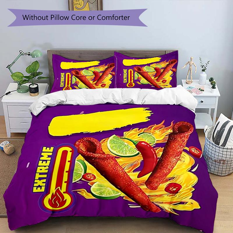 3pcs Takis Fuego Bedding Set Duvet Cover Closure Includes 1 Duvet Cover & 2 Pillowcases, Soft and Comfortable for All Seasons.
