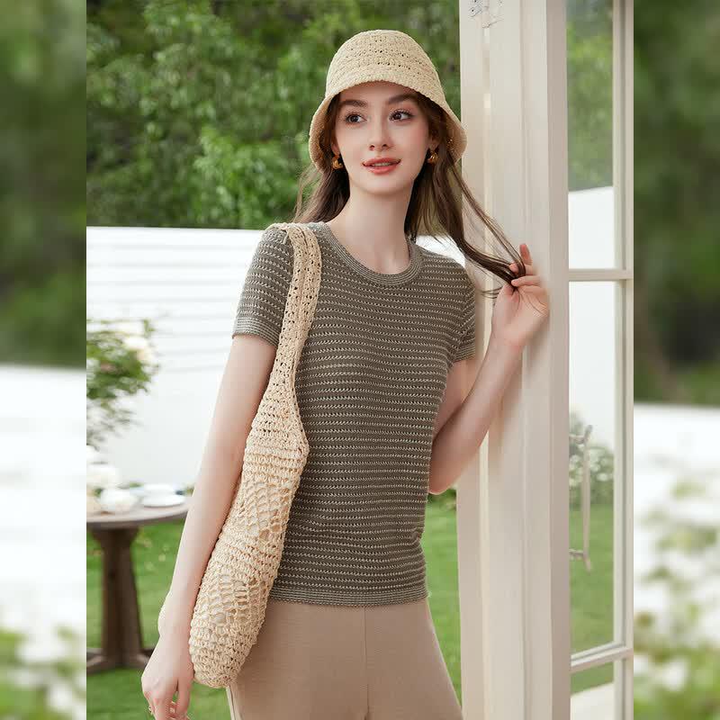 Retro Color Block Knit Short Sleeve Top L