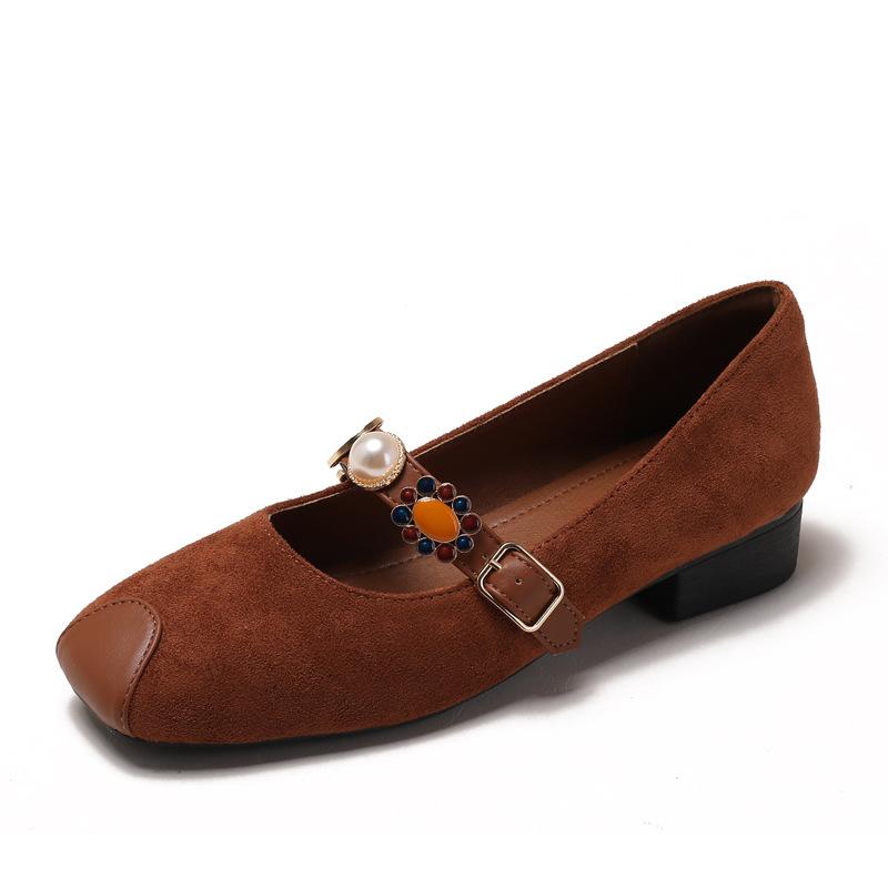 

Fashion French Retro Suede Single Shoes for Women Office Ladies Low Heel Pumps Pearl Strap Mary Jane Shoes Size 35-43 Zapatos De Mujer 43 коричневый