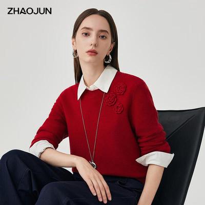 Zhaojun Damen Eleganter Rundhals 100% Wollpullover