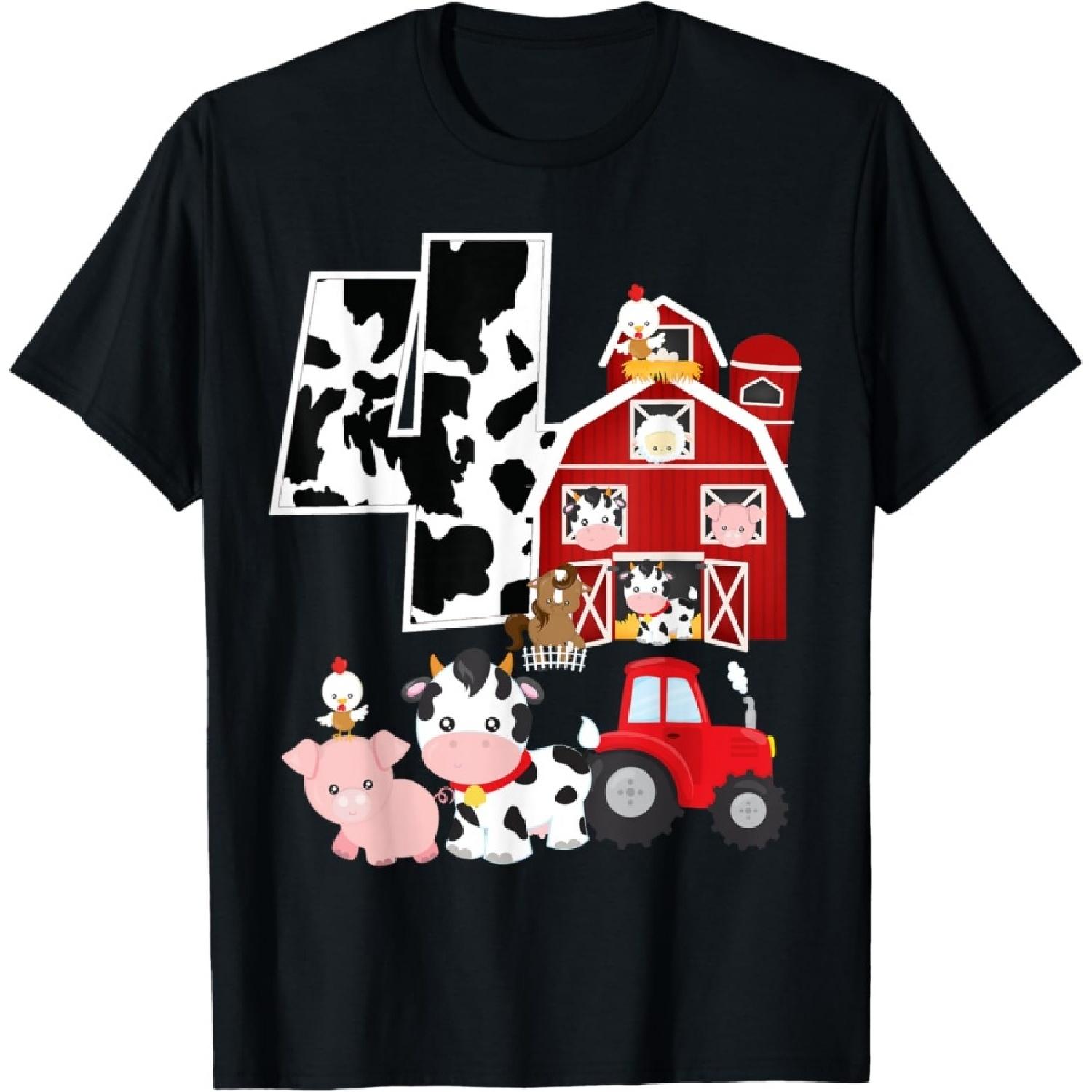 Тема Ферма и Загон Свинья Корова Лошадь 4-й День Рождения 4 Года Футболка S