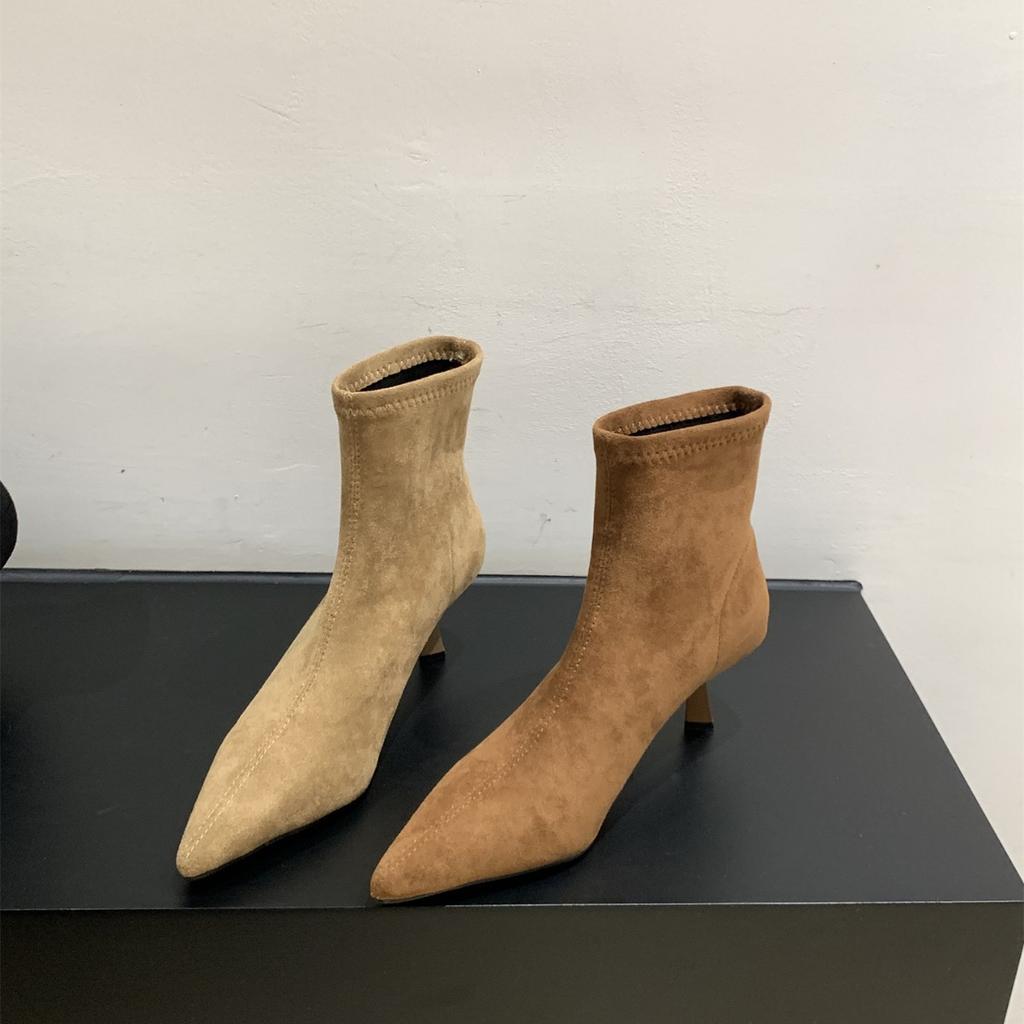 Khaki Suede High-heeled Thin Boots Women's Shoes 2025 Spring and Autumn Single Boots with Skirt Pointed French Short Boots