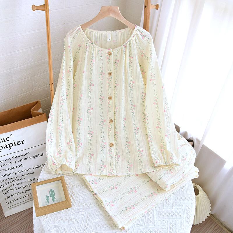 Pajamas Women's Spring and Summer Pure Cotton Cotton Yarn Floral Women's Loose Breathable Long-sleeved Trousers Loungewear Can Be Worn Outside