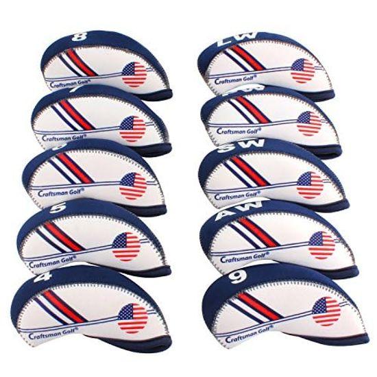 

CRAFTSMAN Golf Iron Cover Club Head Cover Set of 10 Neoprene Stretchy American Flag Pattern White Blue (4-9, PW, AW, SW, LW)