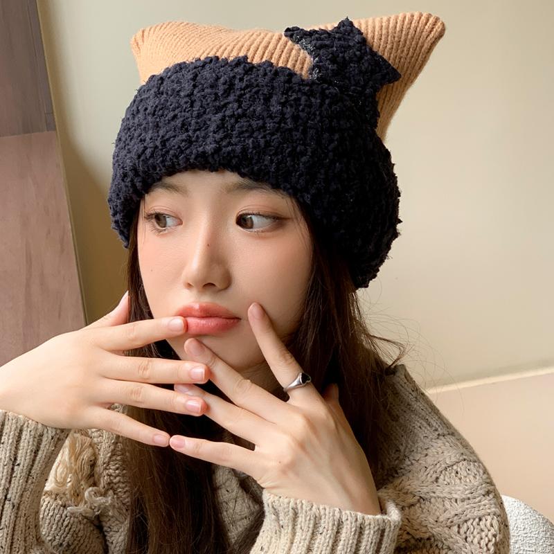 

Abi Wind Sweet and Cute Stars Plush Hat Female Autumn and Winter Warm Cat Ears Ear Protector Hat Show Small Face Adult (56-58cm)