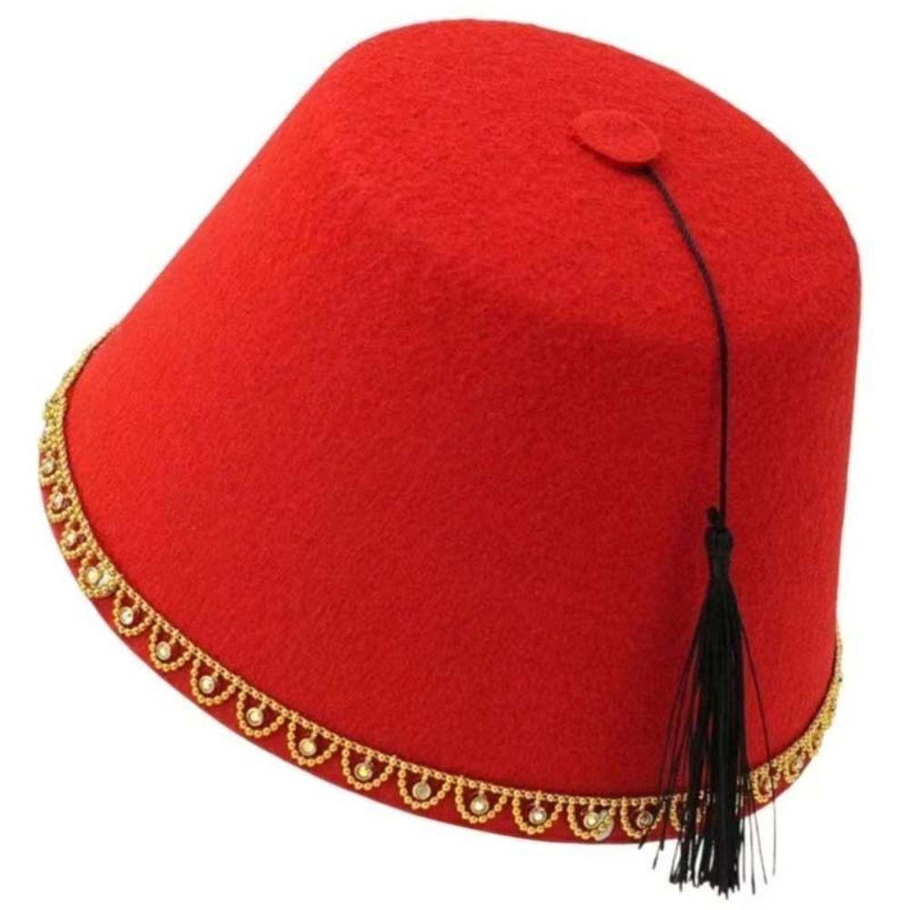 Accesorios de Disfraz Sombrero Redondo de Fieltro Fez Sombrero Marroquí Color Rojo Tarboosh Sombrero Fez Cosplay Transpirable Borlas Turcas Gorra Sombrero de Fiesta