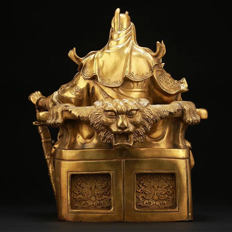 16" Chinese Brass Dragon Guangong Guanyu Sword Read Books Tiger Head Seat Statue