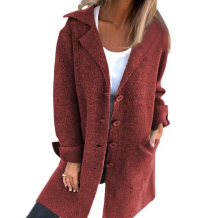 Women Woolen Coat Autumn Winter Loose Mid Length Overcoat Turn Down Collar Single Breasted Long Sleeves Solid Color Pockets Commuting Dating Jacket