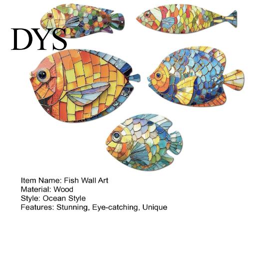 Retro Style Fish Art 5 Pcs Wood Wall Nautical Hanging Decor Tropical Rustic Farmhouse Sculpture for Beach Lake House Bathroom Decoration