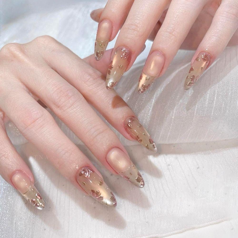 30pcs Long Square and Almond False Nails Crystal and Bow Knot Cat Eye Flowers Press On Nails French Detachable Fake Nails Women