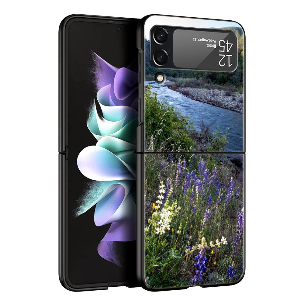 Z Flip 4 Phone Case for Samsung Galaxy Z Flip 3 5G ZFlip3 Flip3 Zflip Flip4 Black Hard Cover Waterfall Nature Trees Ship Shell