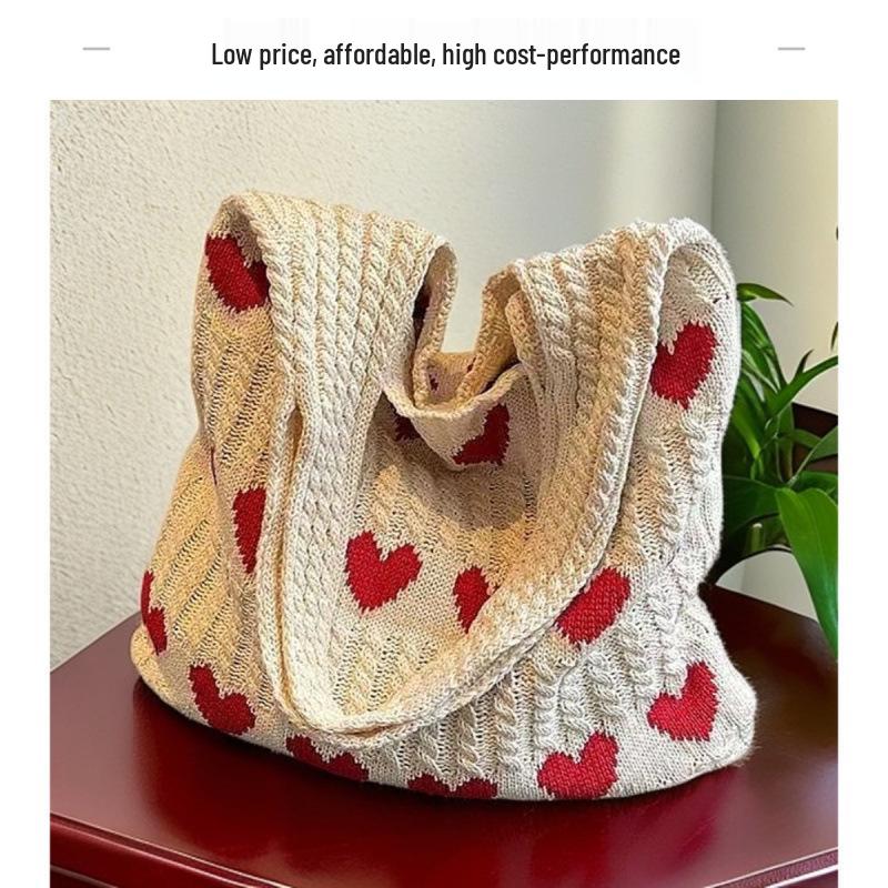 Dopamine Heart Wool Knit Tote: Large-Capacity Single Shoulder Bag