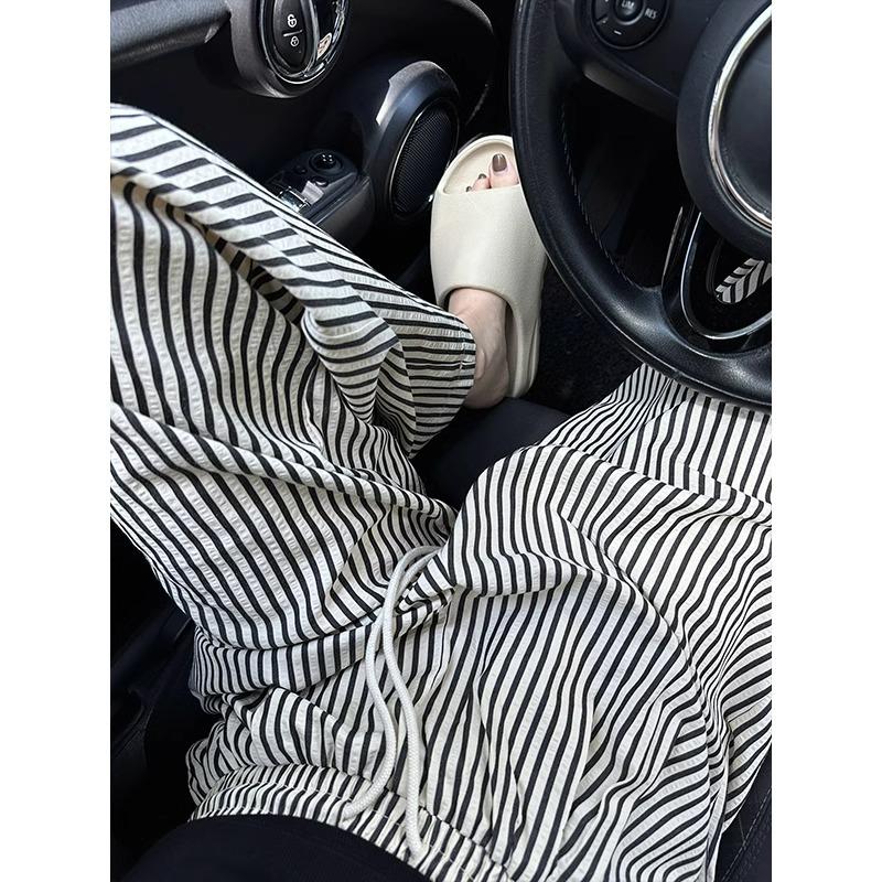 Women's Petite Retro Vertical Striped Wide-Leg Pants - Summer Casual Loose Fit