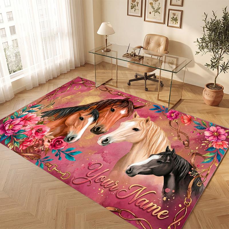 Horse Theme Soft Crystal Velvet Rug Custom Name & Text Print Non Slip Floor Rug for Bedroom Living Room