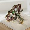 Vintage Inlaid White Green CZ Dragonfly Women's Ring Ethnic Gold Color Hand Carving Daily Wear Party Jewelry Anniversary Gift