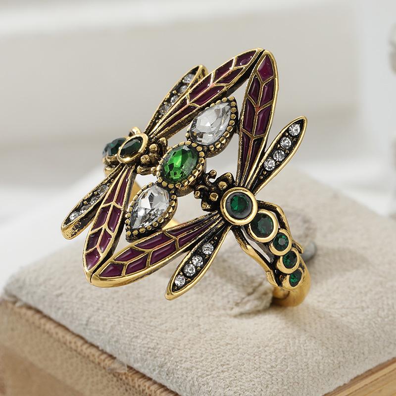 Vintage Inlaid White Green CZ Dragonfly Women's Ring Ethnic Gold Color Hand Carving Daily Wear Party Jewelry Anniversary Gift