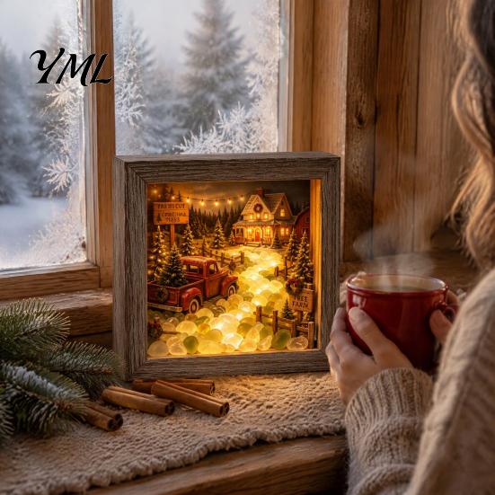 Miniature Landscape Art Christmas Sea Glass Shadow Box Night Light, 3D Winter Snow Scene Wooden Holiday Gift for Friends Frame with LED Warm