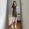 Chic and Unique Green Polo Collar Waist Dress Irregular a Word Short Women's Summer New Small Man
