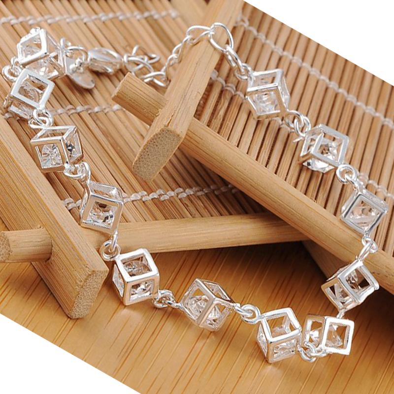 925 Sterling Silver Square Zirconium Stone Bracelet, Wedding Fashion Jewelry