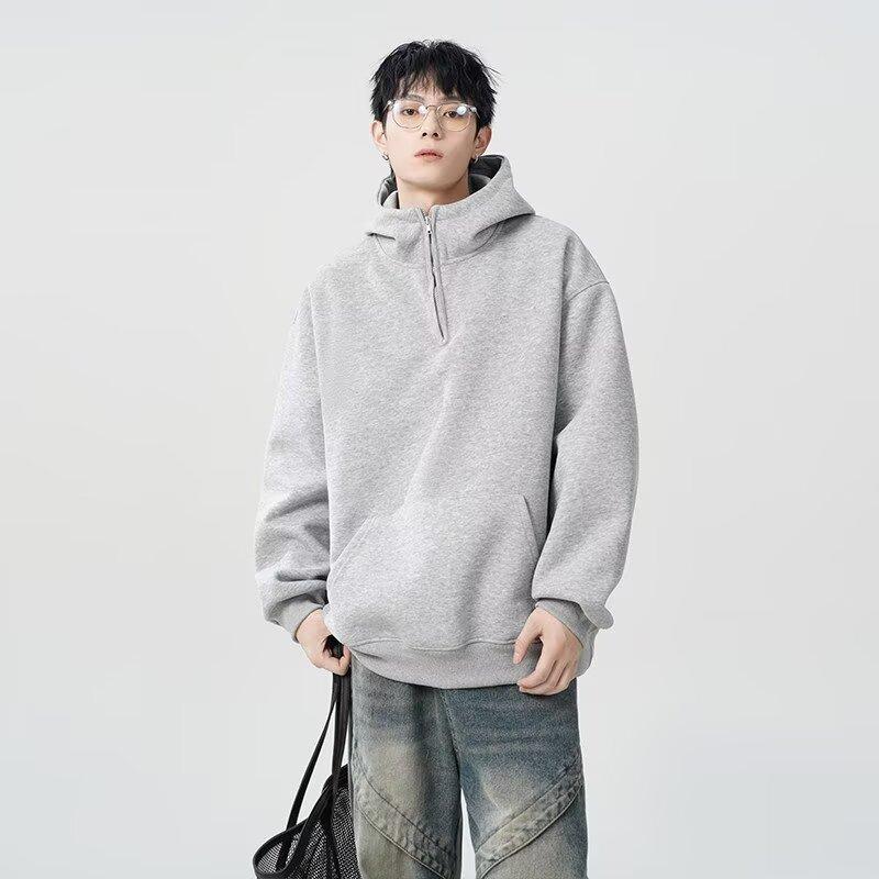 Autumn Winter New Cleanfit Half-Zip High Neck Sweatshirt Jacket Men's Pullover Loose Trendy Simple Gray Top