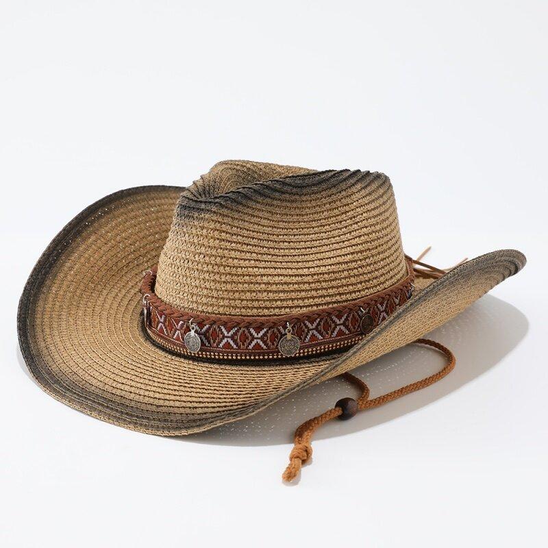 Ethnic style straw woven western cowboy hat for men and women summer Xinjiang travel big brim straw hat sunshade jazz hat